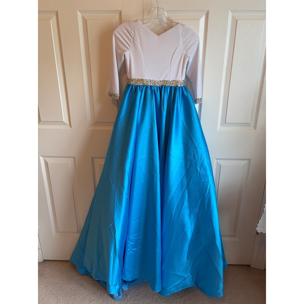 Custom Girls Pageant Gown White Blue Velvet High Low Rhinestone Dress Size 10